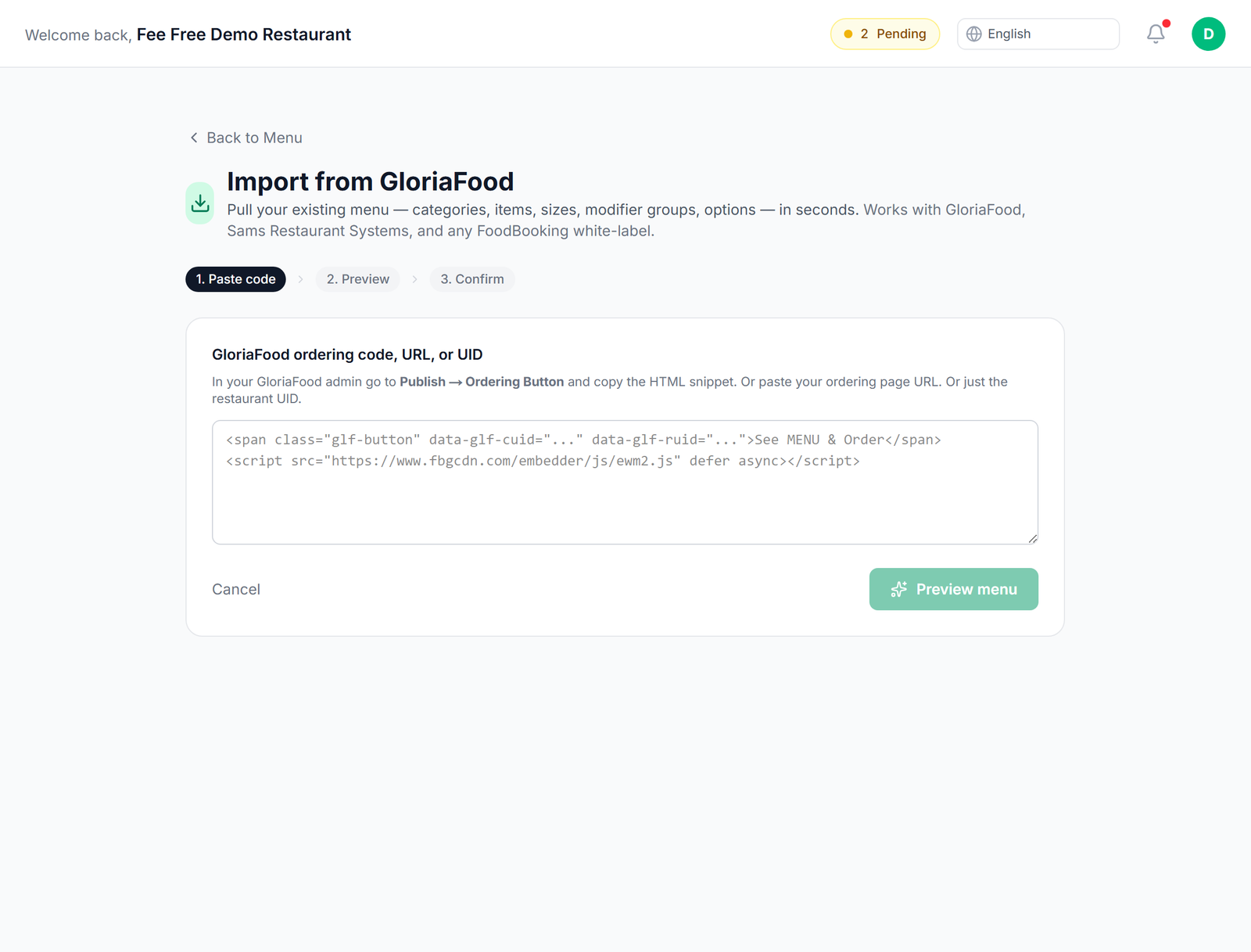 Menu import wizard